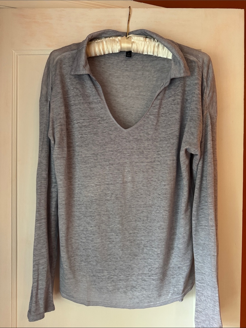 Women's Linen Long Sleeve V-Neck Collared Top - light steel blue